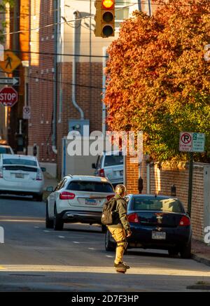 Frederick, MD, USA 10/13/2020: Vista autunnale di una strada nella storica Frederick. Le auto sono parcheggiate sui lati della strada. Uno skateboarder sta andando da loro. TR Foto Stock