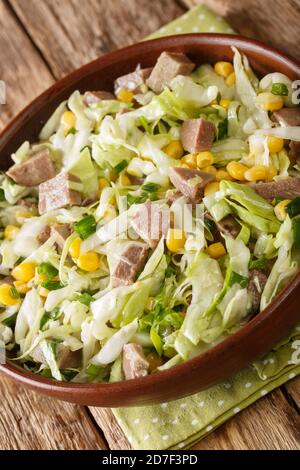 Insalata di manzo con cavolo fresco, mais e cipolle primo piano in un recipiente sul tavolo. Verticale Foto Stock