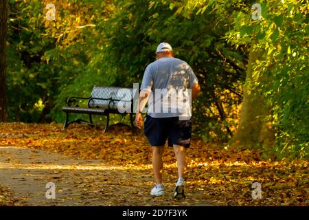 Un paesaggio autunnale in un parco dove foglie colorate caduti coprono un percorso escursionistico. Un uomo anziano che indossa sneakers e abbigliamento sportivo sta camminando lentamente oltre la Foto Stock