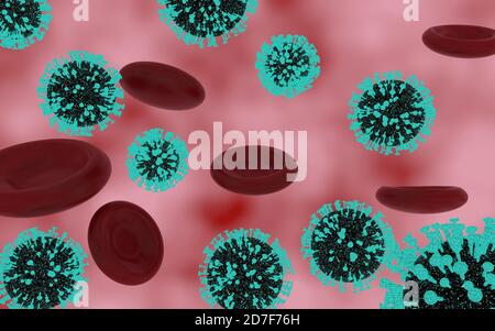 rendering 3d dei globuli rossi e dei coronavirus fluttuanti, tutti davanti a uno sfondo rosso e bianco. Foto Stock