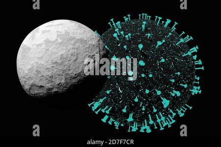 rendering 3d di una cellula di coronavirus gigante che galleggia (pianeta terra) dietro una luna, su un backgrond nero infinito. Foto Stock