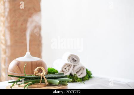 Composizione Spa con l'aroma di un moderno diffusore d'olio con prodotti per la cura del corpo . Asciugamani bianchi intrecciati e aloe vera . Il concetto di benessere per bo Foto Stock