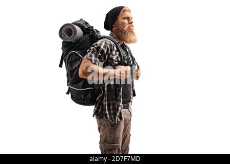 Escursionista uomo bearded con uno zaino isolato su sfondo bianco Foto Stock