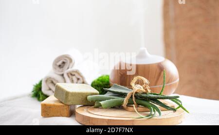 Composizione Spa con l'aroma di un moderno diffusore d'olio con prodotti per la cura del corpo . Asciugamani bianchi intrecciati e aloe vera . Il concetto di benessere per bo Foto Stock