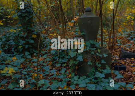 Vecchie tombe che nessuno si preoccupa più di, vecchie tombe in eccesso in un cimitero, autunnale, scuro Foto Stock