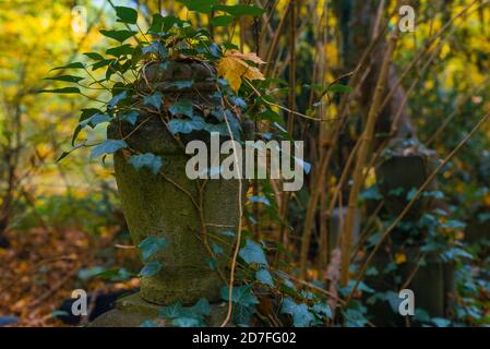 Vecchie tombe che nessuno si preoccupa più di, vecchie tombe in eccesso in un cimitero, autunnale, scuro Foto Stock