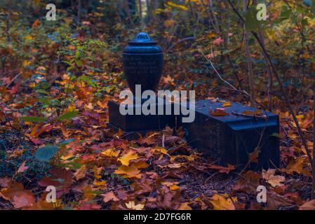 Vecchie tombe che nessuno si preoccupa più di, vecchie tombe in eccesso in un cimitero, autunnale, scuro Foto Stock