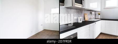 Home cucina interni ristrutturazione prima e dopo Foto Stock