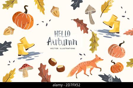 Composizione stagionale autunnale con elementi fatti a mano, foglie, funghi, zucche e animali. Illustrazione vettoriale. Illustrazione Vettoriale