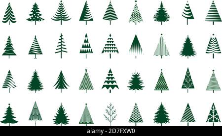 Alberi di abete verde. Elementi di design stagione invernale e semplicemente pittogramma. Vettore isolato icone albero di Natale e illustrazione. Illustrazione Vettoriale