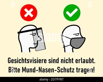 Gesichtsvisiere sind nicht erlaubt. Bitte Mund-Nasen-Schutz tragen ("Face Shields are not allowed. Si prega di indossare una maschera' in tedesco). Immagine vettoriale. Illustrazione Vettoriale