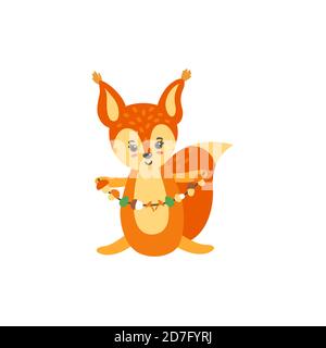 Scoiattolo con funghi isolati su sfondo bianco. Immagine dello scoiattolo del bambino seduto. Illustrazione vettoriale in stile cartoon Illustrazione Vettoriale