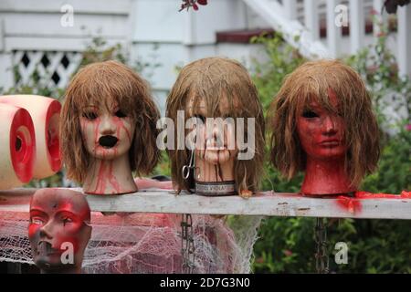 Una decorazione del prato di Halloween della testa tagliata di una donna. Foto Stock