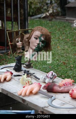 Una decorazione del prato di Halloween della testa tagliata di una donna. Foto Stock