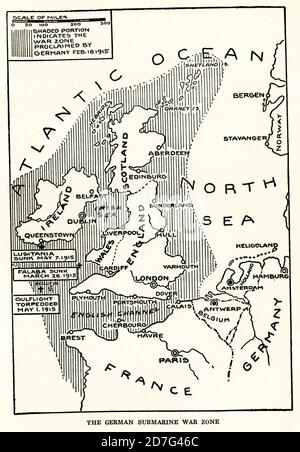 Questa mappa del 1916 mostra la zona di guerra sottomarina tedesca nella prima guerra mondiale. Si noti che la leggenda dice: La parte ombreggiata indica le zone di guerra proclamate dal tedesco 18 febbraio 1915. Foto Stock