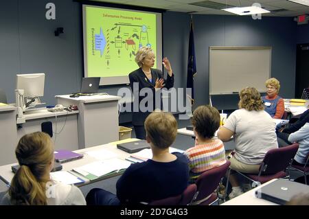 Presentatore femmina dà presentazione Power Point per un gruppo di educatori professionali di un popolo di business Foto Stock