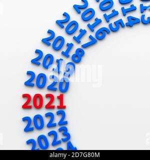 2021 passato nel cerchio rappresenta il nuovo anno 2021, rendering tridimensionale, illustrazione 3D Foto Stock
