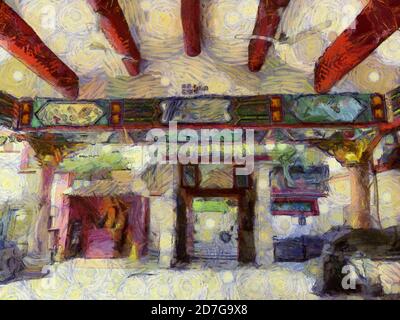 Le illustrazioni cinesi del santuario creano uno stile impressionista di pittura. Foto Stock
