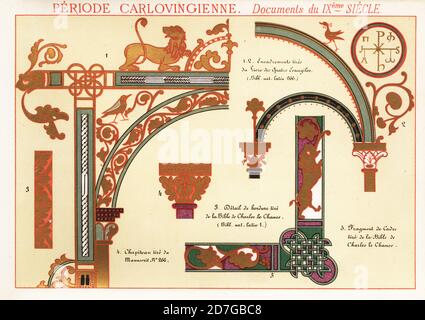 Cornici ornate, confine e capitale da documenti della dinastia carolingia, IX secolo. Tratto dai quattro Vangeli, la prima Bibbia di Carlo il Calvo e altri manoscritti illuminati. 1,2 Livre des Quatre Evangiles, latino 266 Bib. NAT., 3,5 Bible de Charles le Chauve Latin 1, 4 chapiteau Tire d’un manoscrit 266, Chromolithograph disegnata e litografata da Ernst Guillot da Elements d’Ornementation pour l’Enluminure (elementi dell’ornamentazione per l’illuminazione), Renouard, Parigi, 1890. Foto Stock