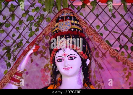 Primo piano di Face of Goddess Durga, Idol of Goddess Durga, festival indù navratri. Foto Stock