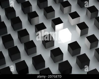 Concetto di individualità, un cubo luminoso tra i cubi grigi Foto Stock
