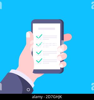 Maniglie per smartphone con lista di controllo completa con segni di spunta icona icona a forma di vettore illustrazione. Illustrazione Vettoriale