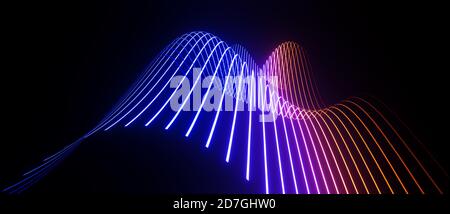 Neon, bande di flusso astratte, struttura a reticolo, sfondo virtuale, tecnologia digitale, concetto di scienza o dati, visualizzazione delle onde, rendering cgi 3D Foto Stock