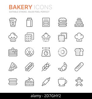 Collezione di icone della linea di prodotti da forno. 48x48 pixel Perfect. Tratto modificabile Illustrazione Vettoriale