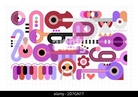 Illustrazione vettoriale in stile geometrico di diversi strumenti musicali su una griglia. Grafica con chitarre, trombe, sax, pianoforte e batteria. Riassunto A. Illustrazione Vettoriale
