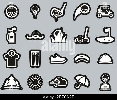 Golf Sport & Golf Equipment icone bianche su adesivo nero Imposta grande Illustrazione Vettoriale