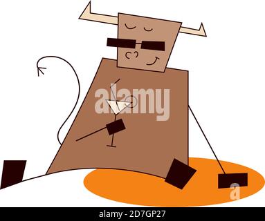 Felice anno nuovo 2021. L'anno dell'Ox. Divertente carino kawaii toro, mucca. Vacanze in spiaggia in resort tropicale. Ricreazione, relax. Illustrazione vettoriale Illustrazione Vettoriale