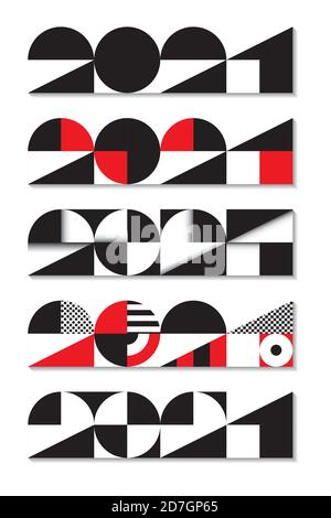 Set minimo di 2021 banner di Capodanno, in proporzioni da 4 a 1, in stile Bauhaus, memphis. Selezione di nero, bianco e rosso, con stili piatto e papercut Illustrazione Vettoriale