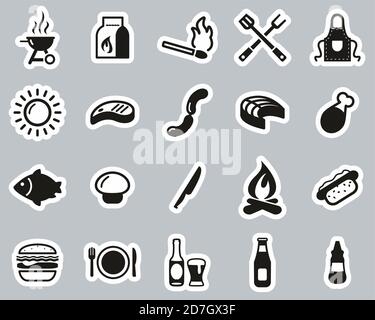 Grill o barbecue icone Nero e Bianco Sticker Set Big Illustrazione Vettoriale