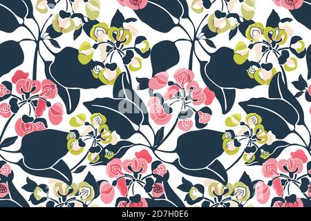Art motivo vettoriale floreale senza cuciture. Fiori rosa, gialli, verdi. Illustrazione Vettoriale