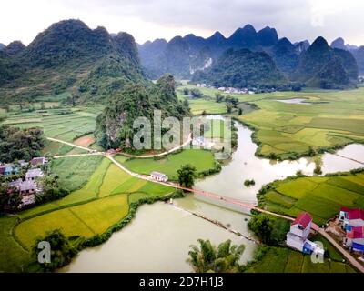 Campo di riso e riso nel villaggio di Phong Nam a Trung Khanh, Cao Bang, Vietnam. Paesaggio della zona Trung Khanh, Cao Bang, Vietnam. Foto Stock