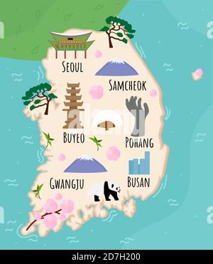 Cartoni animati della Repubblica di Corea. Illustrazione del viaggio con monumenti storici, edifici, cibo e piante. Infografiche turistiche divertenti. Simboli nazionali. Famoso Illustrazione Vettoriale