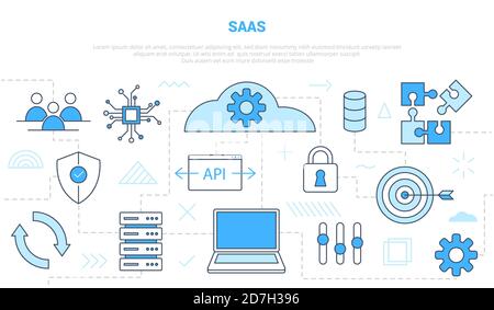 concetto di software saas come servizio con stile di linea icona impostare il banner modello con il moderno colore blu Illustrazione Vettoriale