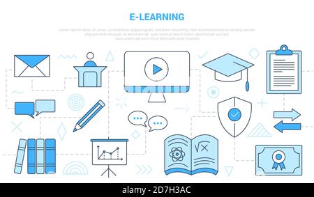 concetto di formazione online e-learning con modello di set di stili di linea icone banner con moderno colore blu Illustrazione Vettoriale