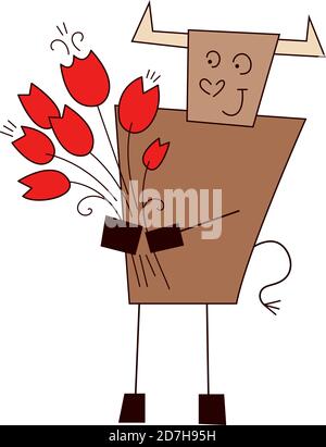 L'anno dell'Ox. Giornata internazionale delle donne. Divertente toro carino kawaii, mucca con mazzo di fiori rossi di tulipano. Illustrazione vettoriale in stile cartoon Illustrazione Vettoriale