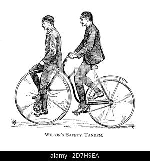 Due uomini cavalcano Wilson's Safety Tandem da Wheels and Wheeling; un manuale indispensabile per i ciclisti, con oltre duecento illustrazioni di Porter, L. Foto Stock