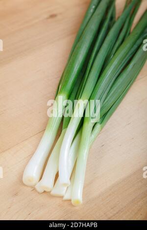 Cipolle verdi fresche su sfondo ligneo. Foto Stock