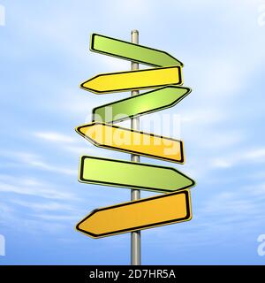 Rendering 3D di un'immagine concettuale di segni di direzione che puntano in direzioni diverse. Foto Stock