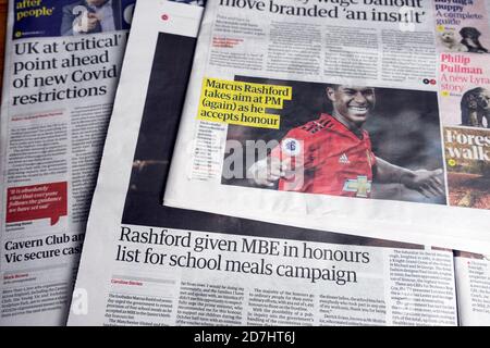 Il calciatore Marcus Rashford MBE onora il giornale Guardian titoli titolo articoli campagna pasti scolastici il 10 ottobre 2020 Inghilterra UK. Foto Stock