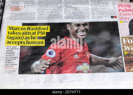 Il calciatore Marcus Rashford MBE onora il giornale Guardian titoli titolo articoli campagna pasti scolastici il 10 ottobre 2020 Inghilterra UK. Foto Stock