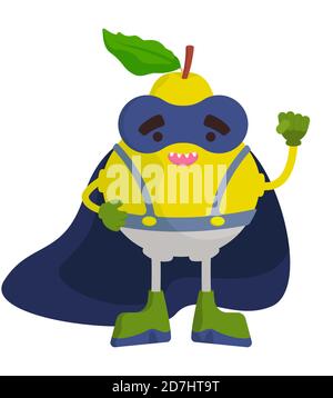 Supereroe della frutta divertente. Pera in stile cartoon. Illustrazione Vettoriale