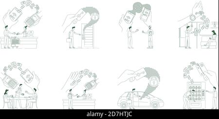 Pagamenti senza contatto e sistemi sicuri illustrazioni vettoriali di concetto di linea sottile impostazione Illustrazione Vettoriale
