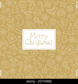 Biglietto d'auguri di Natale. Sfondo dorato con elementi di design disegnati a mano. Illustrazione vettoriale. Illustrazione Vettoriale