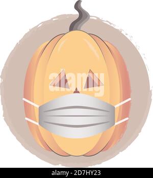 Jack di zucca di Halloween che indossa una maschera medica di sicurezza. Autunno simbolo di covid-19 per malattia e virus controllo infezione coronavirus vettore illust Illustrazione Vettoriale