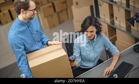Il responsabile dell'inventario femminile esegue la scansione della scatola di cartone e, con lo scanner per codici a barre, il lavoratore maschile tiene il pacchetto. Nelle file di sfondo di scatole di cartone con Foto Stock
