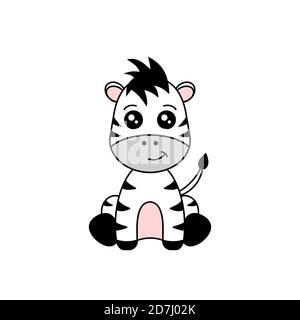 Bella zebra seduta. Cartoon baby zebra carattere. Kawaii zebra fresco sorridente. Contorno nero. Disegno animale di doodle del capretto. Sfondo bianco. Piatto vettoriale Illustrazione Vettoriale